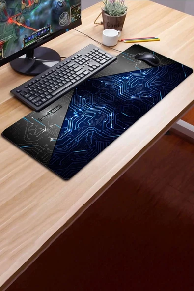 SonicTouch Mavi Devre Desenli Kaymaz Gaming Oyuncu Masaüstü Dikişsiz Klavye Mouse Pad 32x70Cm - 3