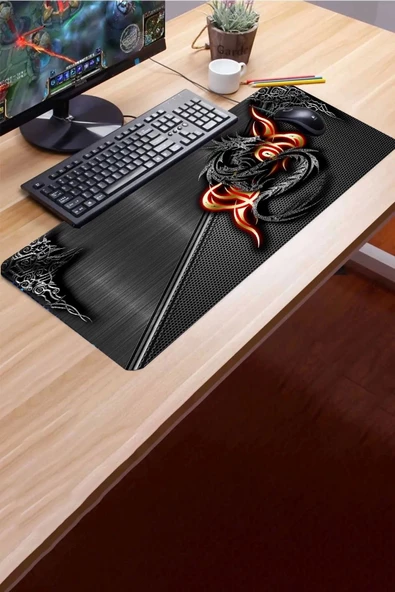 SonicTouch Ejder Desenli Kaymaz Gaming Oyuncu Masaüstü Dikişsiz Klavye Mouse Pad 32x70Cm - 3