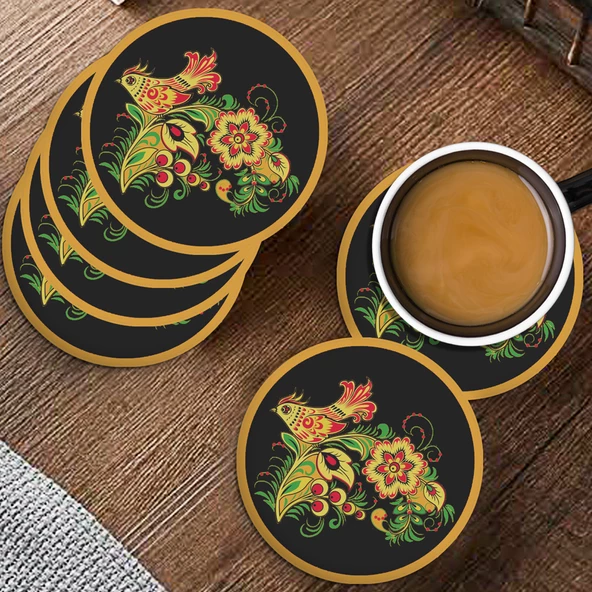 Valerine Life Sarı Siyah Kuş Desenli Yıkanabilir Kaydırmaz Ofis Çay ve Fincan Bardak Altlığı 10x10cm 6 Adet - 2