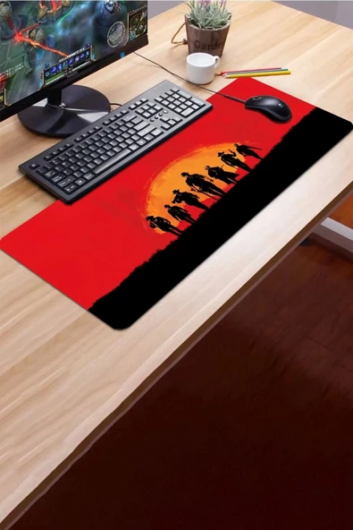 SonicTouch Red Dead Redemption Kaymaz Gaming Oyuncu Masaüstü Dikişsiz Kırmızı Klavye Mouse Pad 32x70Cm - 3