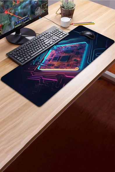 SonicTouch Neon Işıklı Çip Devre Kaymaz Gaming Oyuncu Masaüstü Dikişsiz Mavi Pembe Klavye Mouse Pad 32x70Cm - 3