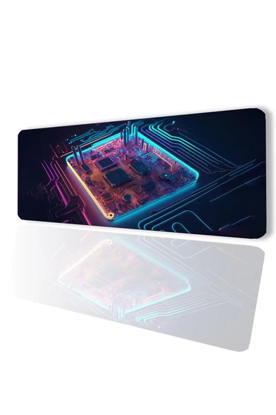 SonicTouch Neon Işıklı Çip Devre Kaymaz Gaming Oyuncu Masaüstü Dikişsiz Mavi Pembe Klavye Mouse Pad 32x70Cm