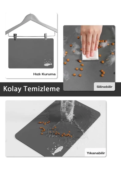 MAtGo Pati Evcil Hayvan Beslenme Matı Balık Figürlü Su Geçirmez Kaymaz Gri Kedi Köpek Mama Paspası 50x70cm - 2
