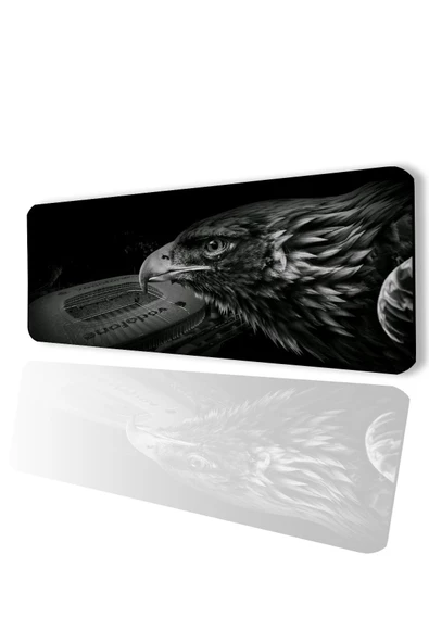 SonicTouch Kara Kartal Stad Temalı Kaymaz Gaming Oyuncu Masaüstü Dikişsiz Siyah Beyaz Klavye Mouse Pad 32x70Cm