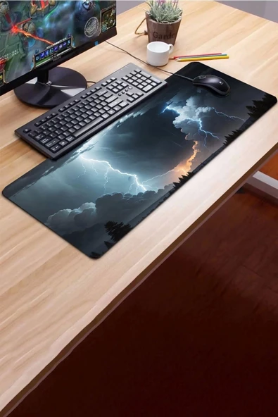 SonicTouch Göklerin Ay Yıldızı Şimşek Temalı Kaymaz Gaming Oyuncu Dikişsiz Klavye Mouse Pad 32x70Cm - 3