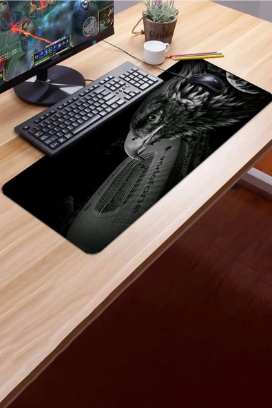 SonicTouch Kara Kartal Kaymaz Gaming Oyuncu Masaüstü Dikişsiz Siyah Beyaz Klavye Mouse Pad 32x70Cm - 3