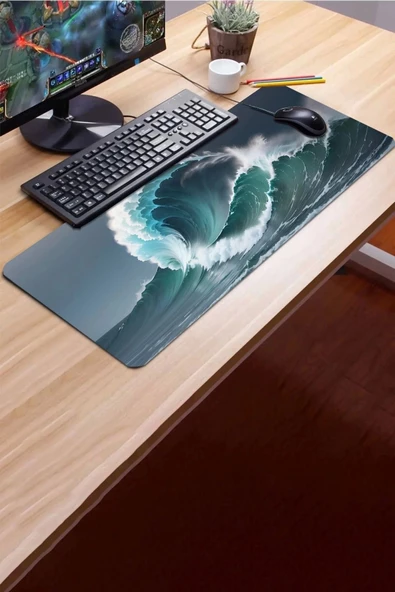 SonicTouch Dalgaların İhtişamı Ay Yıldızlı Kaymaz Gaming Oyuncu Masaüstü Dikişsiz Klavye Mouse Pad 32x70Cm - 3
