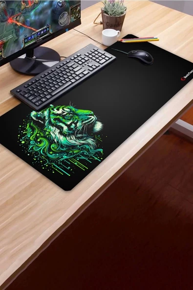 SonicTouch UltraGrand Siyah ve Neon Yeşili Kaplan Dikişsiz Xxl Gaming Oyuncu Masaüstü Klavye Mouse Pad 40x90Cm - 3