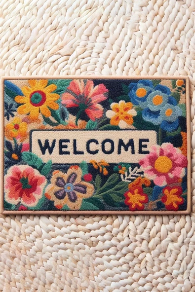 Valerine Life Çiçekler ve Sarı Papatyalı Welcome Kapı Önü Paspası 45x70cm - 2