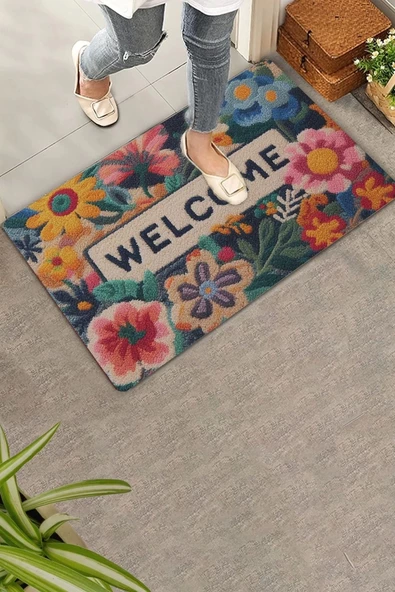 Valerine Life Çiçekler ve Sarı Papatyalı Welcome Kapı Önü Paspası 45x70cm