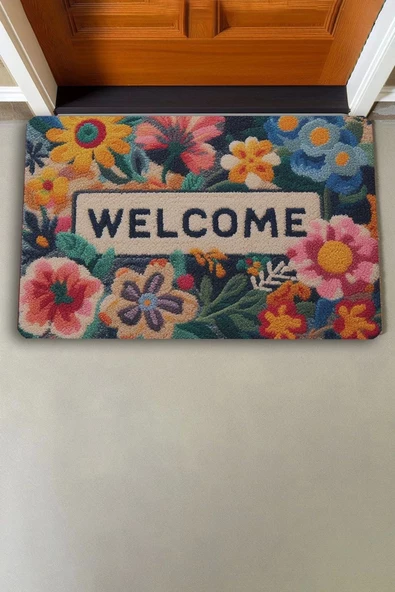 Valerine Life Çiçekler ve Sarı Papatyalı Welcome Kapı Önü Paspası 45x70cm - 3