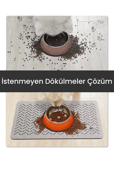 MAtGo Pati Evcil Hayvan Beslenme Matı Çizgi Patili Su Geçirmez Kaymaz Krem Kedi Köpek Mama Paspası 50x70cm - 4