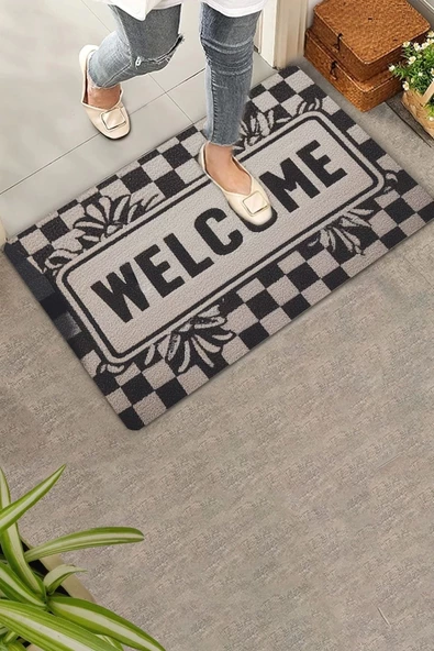 Valerine Life Dama ve Yaprak Desenli Siyah Beyaz Welcome Kapı Önü Paspası 45x70cm - Resim 2