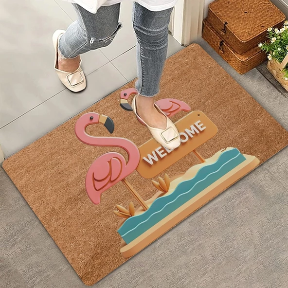 Valerine Life Pembe Flamingo Çifti Welcome Kapı Önü Paspası 45x70cm ürün görseli