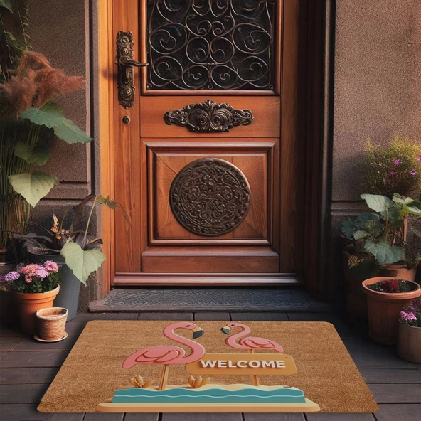 Valerine Life Pembe Flamingo Çifti Welcome Kapı Önü Paspası 45x70cm - Resim 3