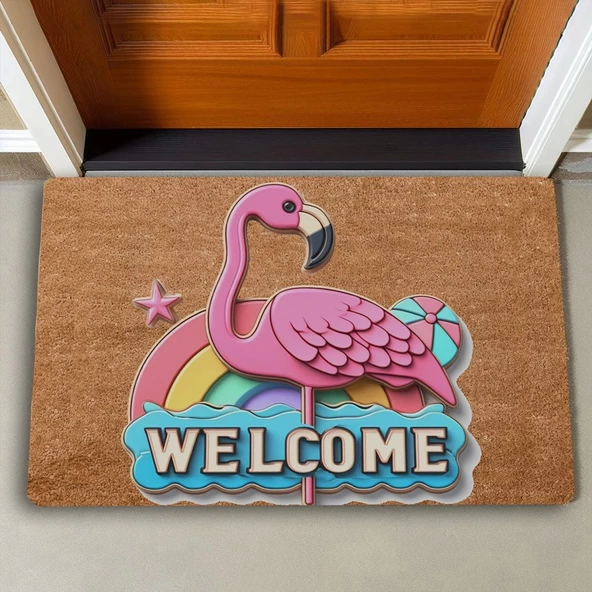 Valerine Life Gökkuşağı ve Flamingo Welcome Kapı Önü Paspası 45x70cm - Resim 2