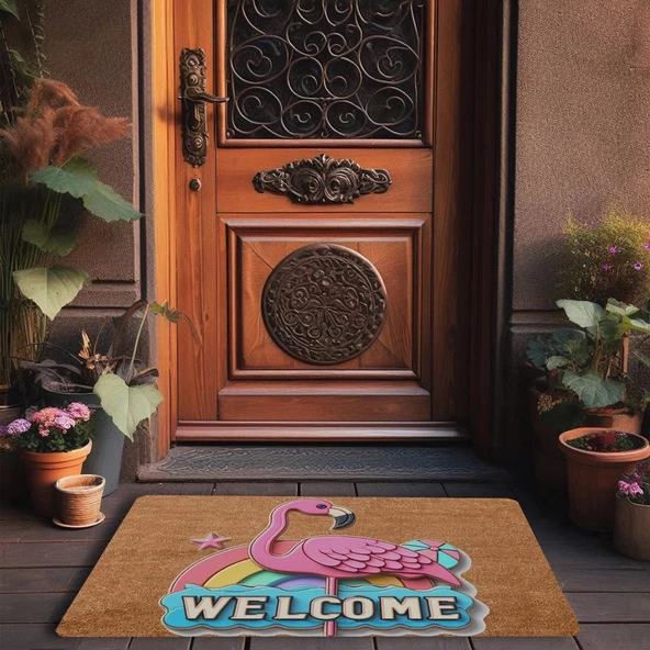 Valerine Life Gökkuşağı ve Flamingo Welcome Kapı Önü Paspası 45x70cm - Resim 3