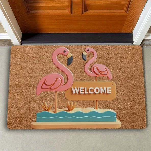 Valerine Life Pembe Flamingo Çifti Welcome Kapı Önü Paspası 45x70cm - Resim 2