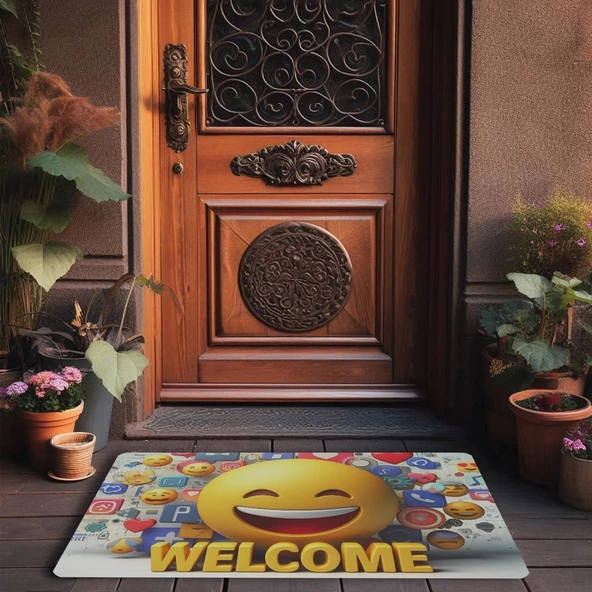 Valerine Life Gülen Surat Emoji Welcome Kapı Önü Paspası 45x70cm - Resim 3