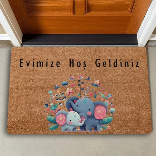 Valerine Life Sevimli Yavru Filler ve Çiçekler Evimize Hoş Geldiniz Kapı Önü Paspası 45x70cm - 2
