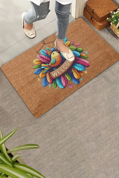 Valerine Life Renkli Tüyler ve Kuş Temalı Welcome Kapı Önü Paspası 45x70cm ürün görseli
