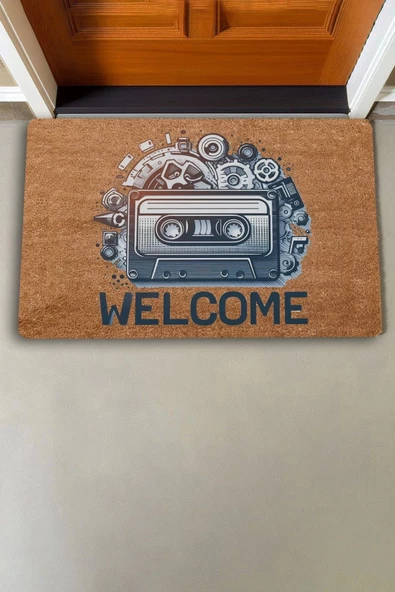 Valerine Life Nostaljik Kaset ve Müzik Çarkları Welcome Kapı Önü Paspası 45x70cm - Resim 2