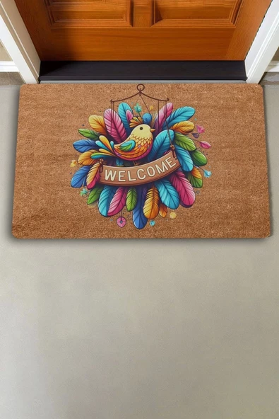 Valerine Life Renkli Tüyler ve Kuş Temalı Welcome Kapı Önü Paspası 45x70cm - Resim 6