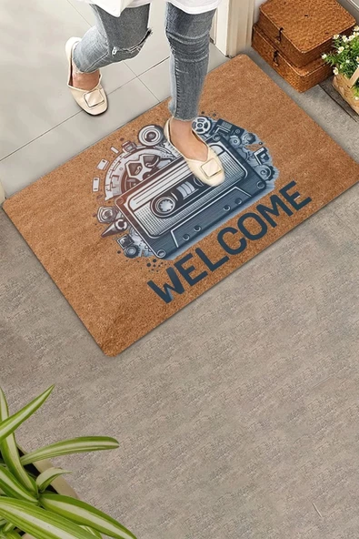 Valerine Life Nostaljik Kaset ve Müzik Çarkları Welcome Kapı Önü Paspası 45x70cm - Resim 5