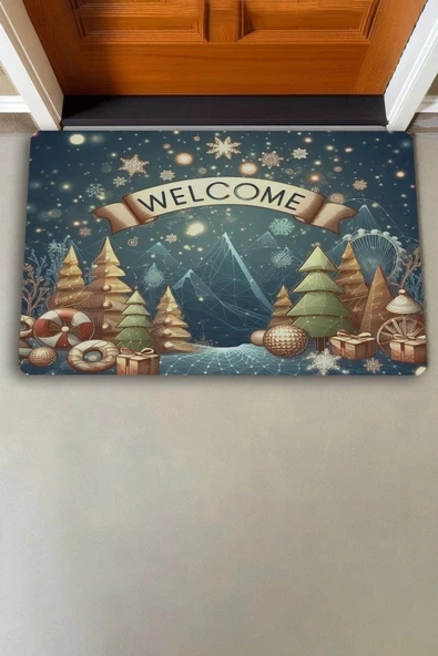 Valerine Life Noel Yıldızı ve Yılbaşı Çam Ağaçları Welcome Kapı Önü Paspası 45x70cm - 2