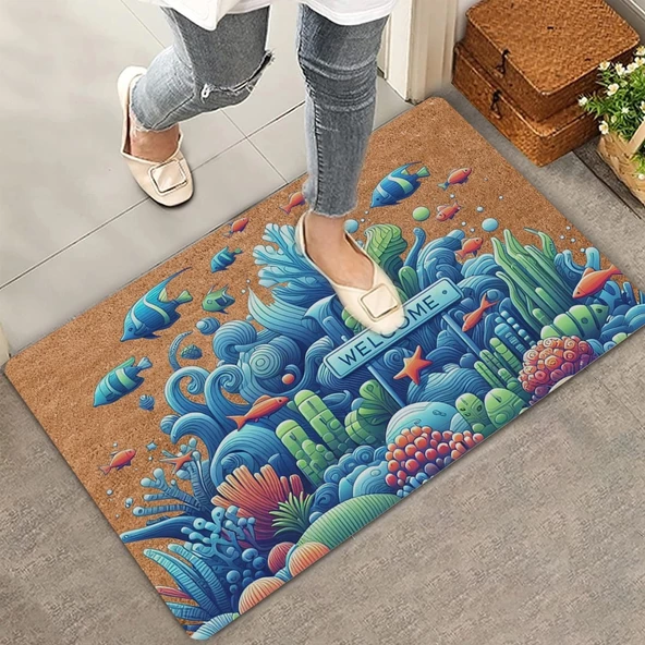 Valerine Life Deniz ve Balık Temalı Welcome Kapı Önü Paspası 45x70cm