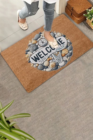 Valerine Life Çakıl Taşları ve Pusula Welcome Kapı Önü Paspası 45x70cm