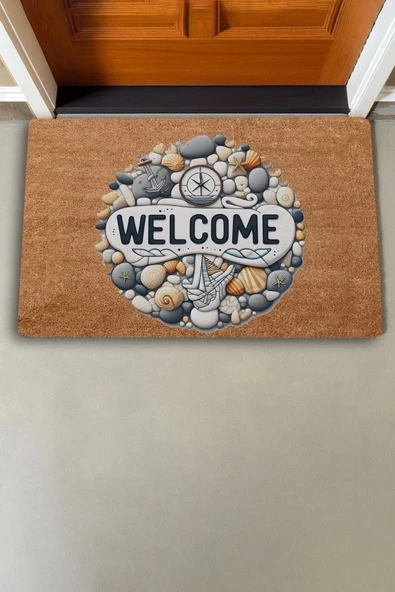 Valerine Life Çakıl Taşları ve Pusula Welcome Kapı Önü Paspası 45x70cm - 2