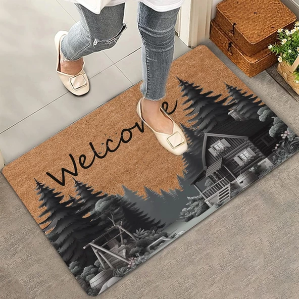 Valerine Life Orman Evi Temalı Çam Ağaçlı Welcome Kapı Önü Paspası 45x70cm