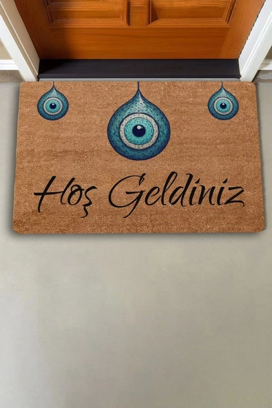 Valerine Life Bize Nazar Değmesin Üçlü Nazar Boncuğu Hoş Geldiniz Kapı Önü Paspası 45x70cm - 2