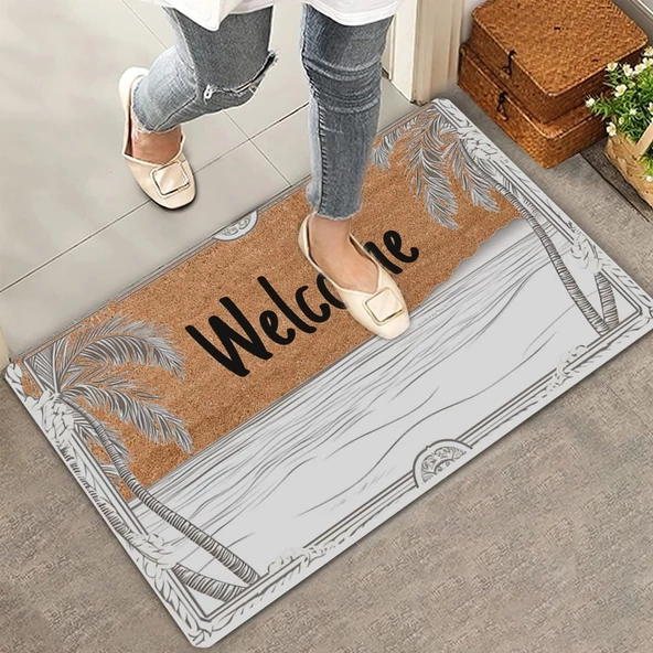 Valerine Life Deniz ve Palmiye Manzaralı Welcome Kapı Önü Paspası 45x70cm