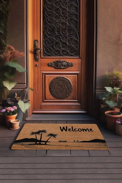 Valerine Life Palmiye Ağaçlı Dağ Manzaralı Welcome Kapı Önü Paspası 45x70cm - 3