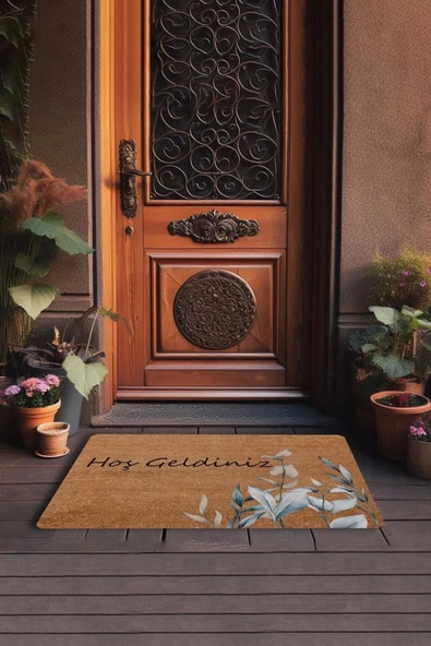 Valerine Life Zarif Gri Beyaz Yapraklar Hoş Geldiniz Kapı Önü Paspası 45x70cm - Resim 3