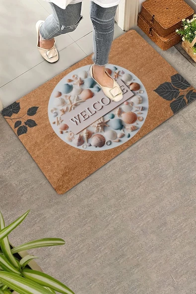 Valerine Life Midye Kabuklu ve Yaprak Desenli Welcome Kapı Önü Paspası 45x70cm - 5