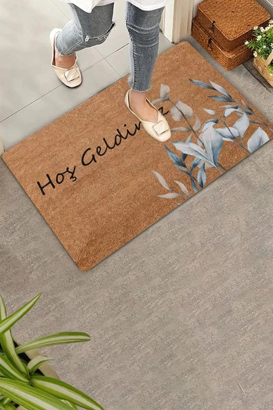 Valerine Life Zarif Gri Beyaz Yapraklar Hoş Geldiniz Kapı Önü Paspası 45x70cm ürün görseli