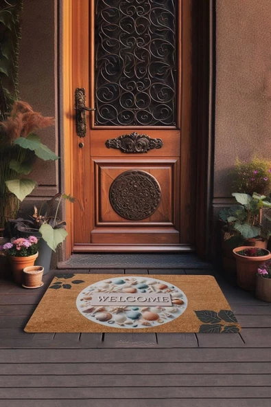 Valerine Life Midye Kabuklu ve Yaprak Desenli Welcome Kapı Önü Paspası 45x70cm - 3