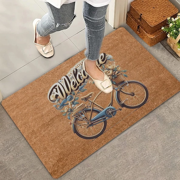 Valerine Life Vintage Çiçekler ve Bisiklet Welcome Kapı Önü Paspası 45x70cm