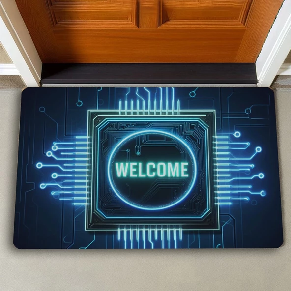 Valerine Life Neon Çip ve Devre Desenli Welcome Kapı Önü Paspası 45x70cm - 2