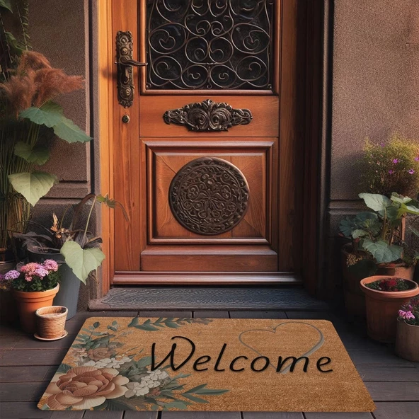 Valerine Life Vintage Kahverengi Zambak ve Kalp Welcome Kapı Önü Paspası 45x70cm - 3