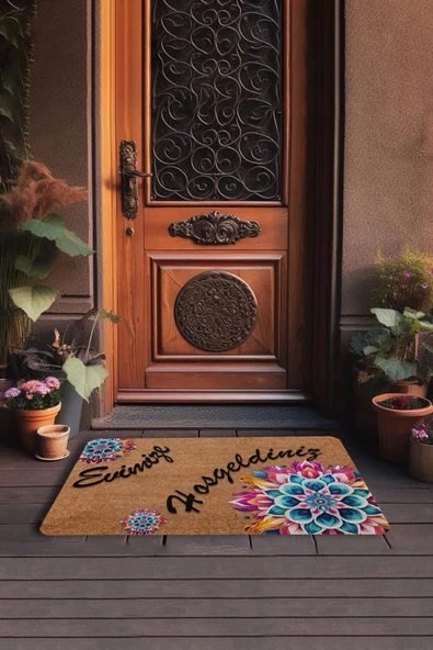 Valerine Life Mandala Mavi Çiçek Evimize Hoş Geldiniz Kapı Önü Paspası 45x70cm - 3