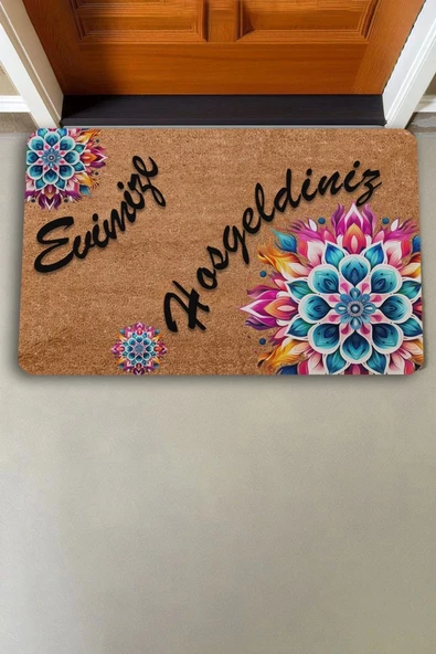 Valerine Life Mandala Mavi Çiçek Evimize Hoş Geldiniz Kapı Önü Paspası 45x70cm - 2