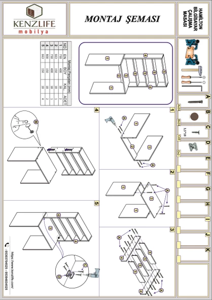 Kenzlife bilgisayar çalışma masası hamilton70 gri ofis sekreter laptop - Resim 4