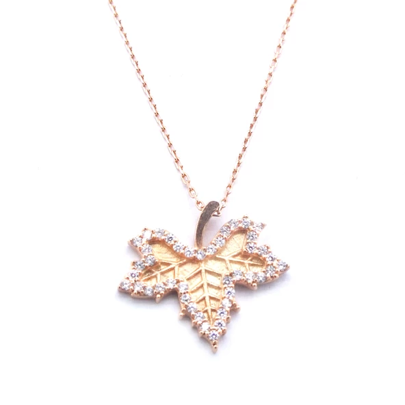 Zirkon Taşlı Rose Yaprak Şekilli Gümüş Kolye GK-304