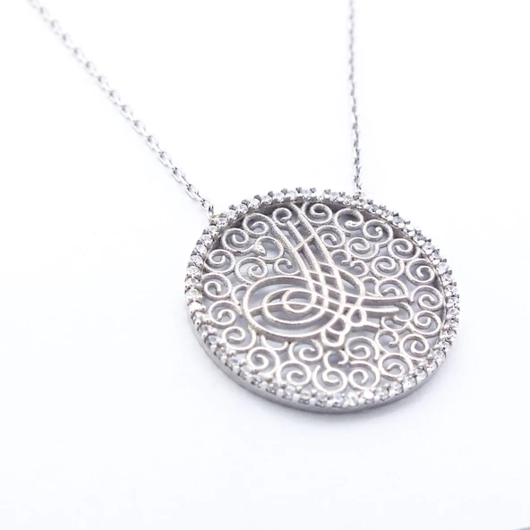 Zirkon Taşlı Tuğralı Gümüş Kolye GK-305 - Resim 4