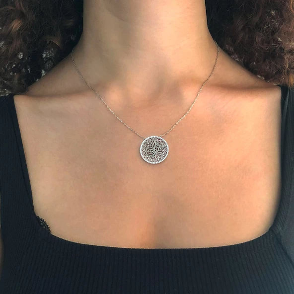 Zirkon Taşlı Tuğralı Gümüş Kolye GK-305 - Resim 2