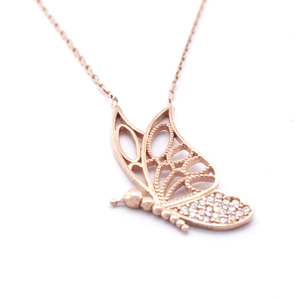 Zirkon Taşlı Rose Kelebek Model Gümüş Kolye GK-312 - 4
